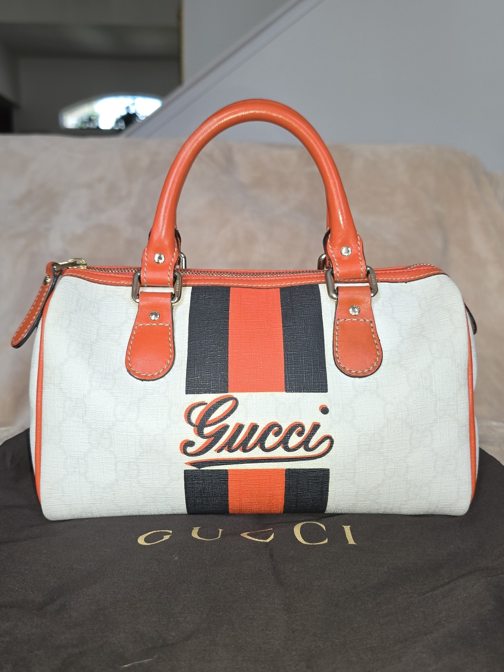 Gucci GG Supreme Web Stripe Joy Mini Boston Bag in White, Orange & Black Stripe